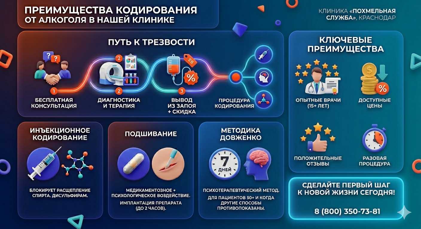 Инфографика о методах кодирования от алкоголя в Муроме: инъекции, подшивание, метод Довженко. Преимущества клиники и этапы лечения.